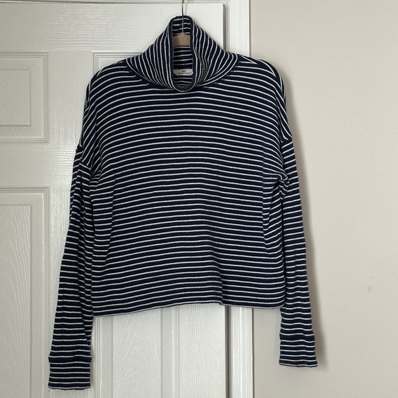 Vineyard Vines Tops - Vineyard Vines Stripe Funnel Neck Terry Deep Bay Blue White Stripe Cotton Medium